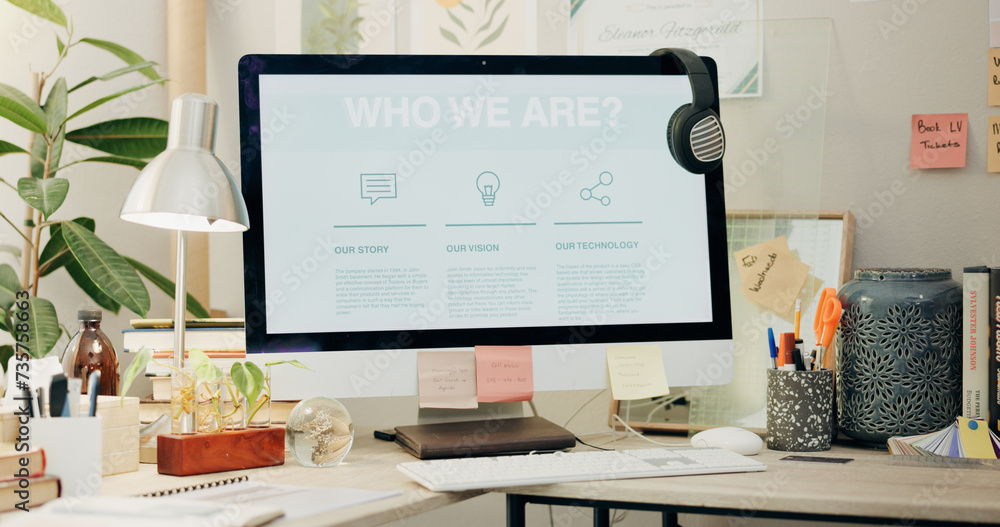 Poster Office, computer screen and website about us, information on crm business for virtual assistant. Monitor, empty workspace and online customer service web page for consulting, contact info and network