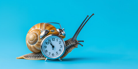 Snail next to the clock alarm clock, late for an appointment, slow time