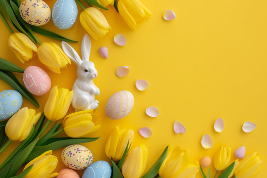 easter card, easter bunny with eggs, easter eggs and flowers, easter eggs in a basket, easter eggs and flowers on a white background, easter wall paper and background for social media	