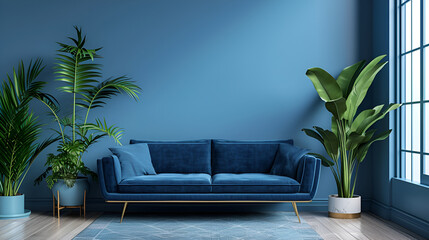 Beautiful blue modern minimalist room design with sofa, generative ai
