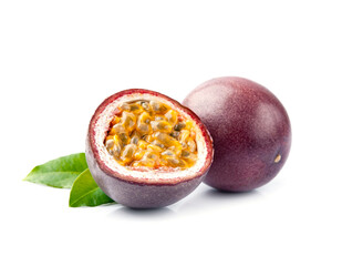 Passion fruit with leaves on white backgrounds. Maracuja fruits