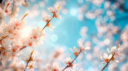 Almond tree branches in bloom and with blue sky out of focus in the background and copy space