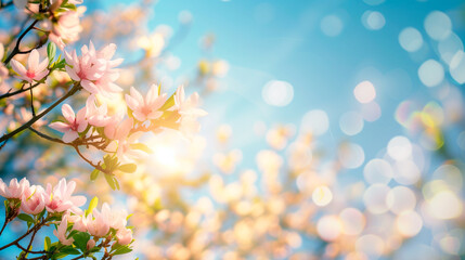 Almond tree branches in bloom and with blue sky out of focus in the background and copy space
