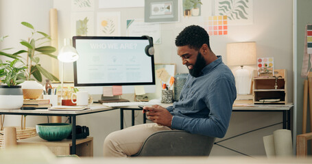 Business, office and black man with smartphone, typing and computer screen with graphic designer,...