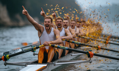 Mens rowing team celebrating when they won the gold