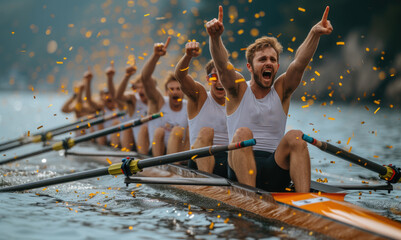 Mens rowing team celebrating when they won the gold