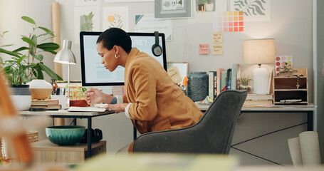 Planning ideas, office and a black woman with a notebook for business, project inspiration or goals. Workspace, notes and an African employee writing notes about work information, schedule or agenda