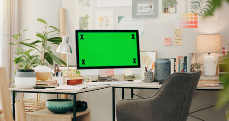 Office, desk and computer with green screen, mockup and desktop placeholder for website design...