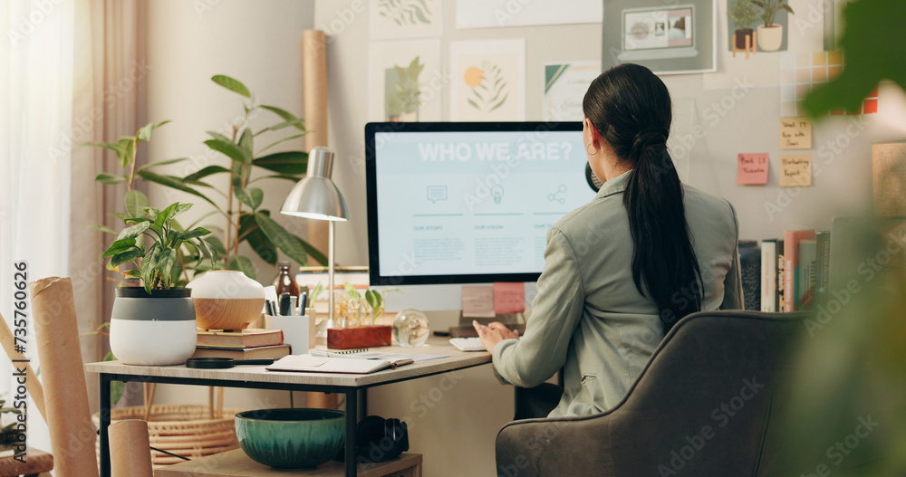 Poster business woman, writing and computer screen for website design planning, copywriting about us and ma