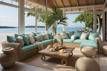 Immerse yourself in the coastal ambiance of a seaside house's modern living room, where fabric sofas adorned with turquoise pillows invite you to unwind. 