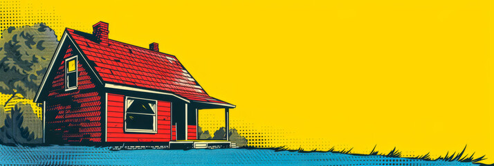 Vintage pop art illustration of a house with vibrant colors - obrazy, fototapety, plakaty