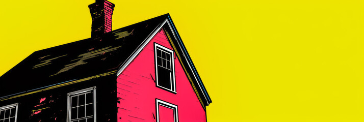 Vintage pop art illustration of a house with vibrant colors - obrazy, fototapety, plakaty