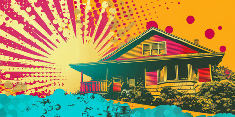 Vintage pop art illustration of a house with vibrant colors