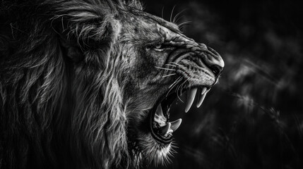 Majestic lion roaring against dark background. Wildlife and nature.