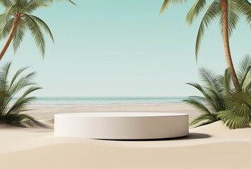 An illustration of a white pedestal podium on a sandy beach with palm trees, perfect for product presentation. Created With Generative AI Technology