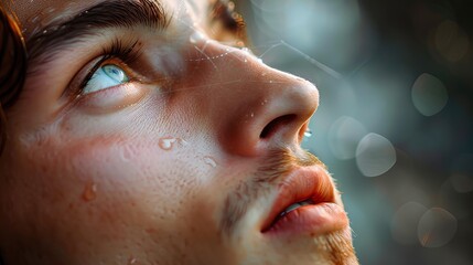 Divine Embrace: Tearful Encounter with Grace. Captivating close-up of a young man touched by the divine. Perfect for conveying faith and emotion.