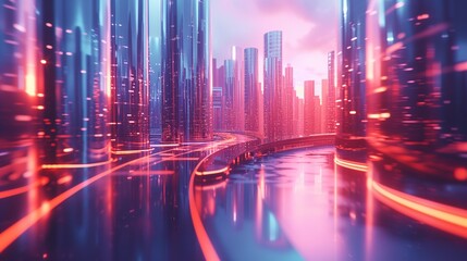 Futuristic cityscape with neon lights and reflective surfaces