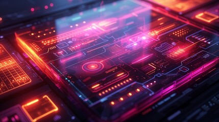 Intricate cybernetic interface with radiant pink and blue neon circuits