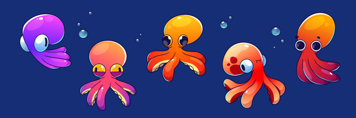 Cute childish octopus cartoon character float underwater with bubbles. Vector illustration set of cute marine or aquarium animal. Friendly sea and ocean creature with tentacle and adorable faces. © klyaksun