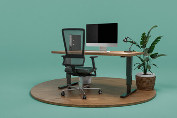 single pc workspace wth hight adjustable desk; with green indoor plant on wooden podest, isolated on infinite background; home office concept; 3D rednering