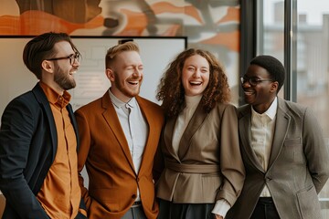 Fototapeta premium Diverse group of business professionals stands together exuding happiness and success in modern office setting showcasing perfect blend of teamwork and camaraderie smiles reflect strong sense of work