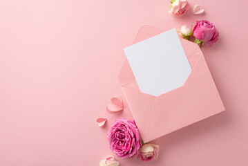 Happy 8th of March frame. A top view capture of a revealing envelope, emotive card, paper heart...