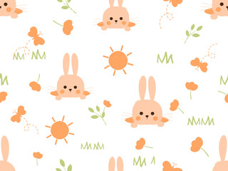 Happy Easter seamless pattern with bunny rabbit cartoons, sun, green grass and cute flower on white background vector illustration.