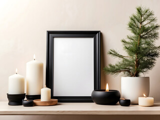 Black picture frame design, poster mockup with white blank copy space design, candles and pine tree in a pot on the beige table design, neutral white wall background design.