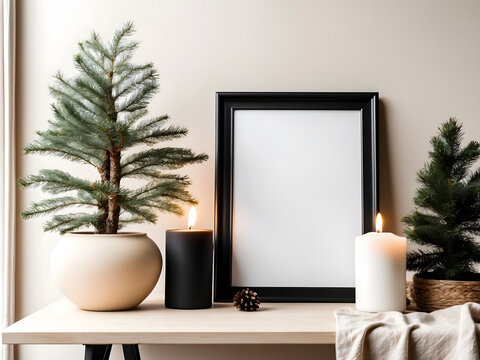 Black picture frame design, poster mockup with white blank copy space design, candles and pine tree in a pot on the beige table design, neutral white wall background design.