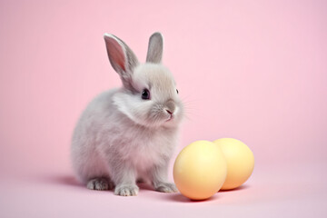 Obraz premium Bunny next to yellow Easter eggs in front of pink studio background