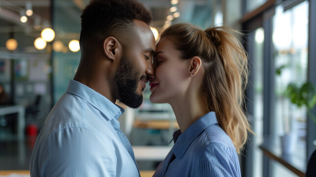 Young beautiful black man and caucasian woman couple about to kiss at work in middle of the office open space , office romance concept image