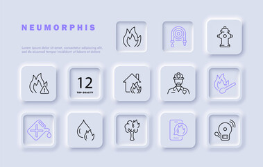 Fire set line icon. Hydrant, hose, fireman, matches, gasoline, wood, water, bell. Neomorphism style. Vector line icon for business and advertising