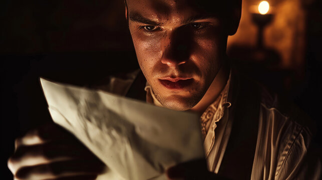 Bad news concept image with portrait of a young caucasian man reading a letter he received containing bad news which can be seen on the sad face from the guy