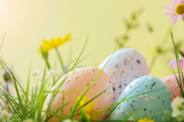 Fototapeta premium easter card, easter bunny with eggs, easter eggs and flowers, easter eggs in a basket, easter eggs and flowers on a white background, easter wall paper and background for social media 