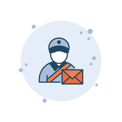 Cartoon postman vector illustration. Mailman on bubbles background. Letter sign concept.