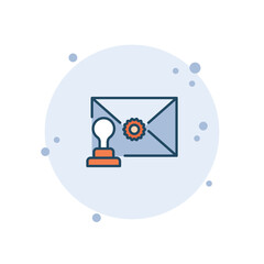 Cartoon rubber stamp vector illustration. Envelope with stamp on bubbles background. Letter sign concept.