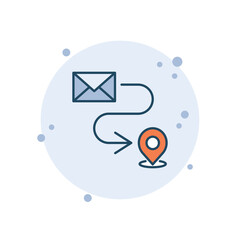 Cartoon map pointer vector illustration. Post office pin on bubbles background. Envelope with location pin.