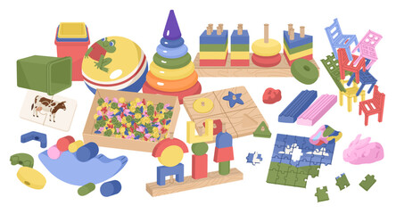 A set of children's educational toys randomly laid out on the floor. Clutter in the children's room or kindergarten. Raising kids. Vector illustration isolated on transparent background.