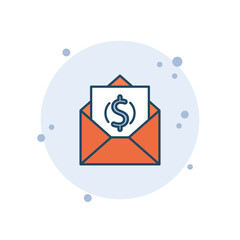 Cartoon envelope with money icon vector illustration. Send money on bubbles background. Payment sign concept.