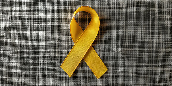 Yellow ribbon on textile background with copy space for endometriosis awareness month or sign for microencephaly and suicide prevention