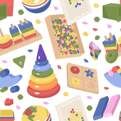 Endless seamless pattern with children's toys for paper or textile. Background for kindergartens and toy stores. Raising kids. Vector illustration isolated on transparent background.
