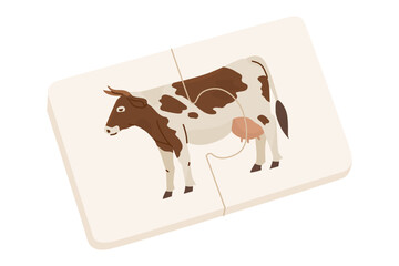 An elementary puzzle for the little ones. A picture of a cow consisting of two parts. Educational toys for children. Raising and caring for children. Spatial thinking. Vector illustration isolated