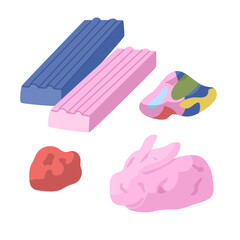 Bars of whole plasticine and plasticine products and lumps. Educational toys for small children. Raising and caring for children. Development of fine motor skills of the hands. Vector illustration.