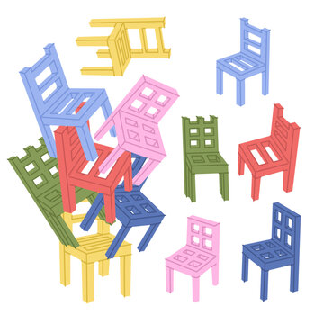 Set of miniature chairs. Game to develop a sense of balance. Educational toys for kids. Raising and caring for children. Fine hand motor skills. Vector illustration isolated on transparent background.