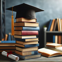 graduation cap on a stack of books, graduation concept, graduation cap on a book 
