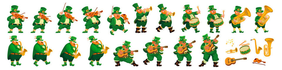 Set of funny musicians in leprechaun costumes. People and Musical Instruments. Cartoon characters are isolated on white. Illustration for St. Patrick's Day, an Irish holiday. Vector.
