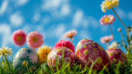Colorful Easter eggs decorated with flowers in the grass on blue sky background.