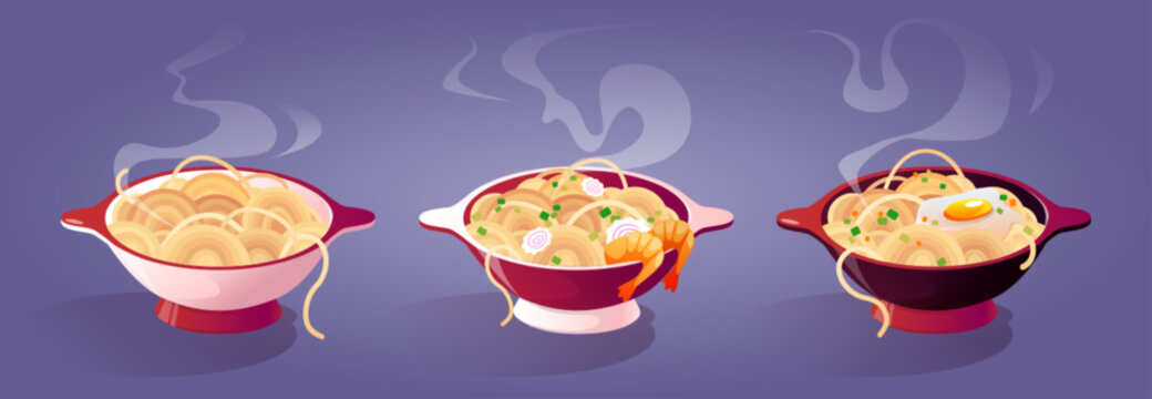 Hot ready to eat noodle with additions and steam in red bowl. Cartoon vector illustration set of cooked delicious traditional oriental food for lunch with spices, shrimp, fried egg and sausage.