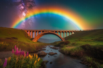 rainbow bridge over river - obrazy, fototapety, plakaty