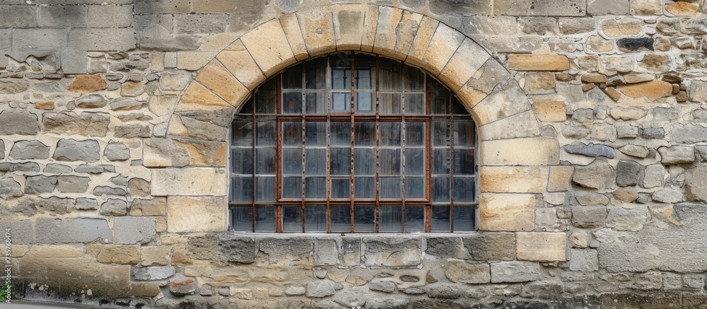 Poster a building material made of bricks forms a symmetric facade with an arched window fixture in the mid